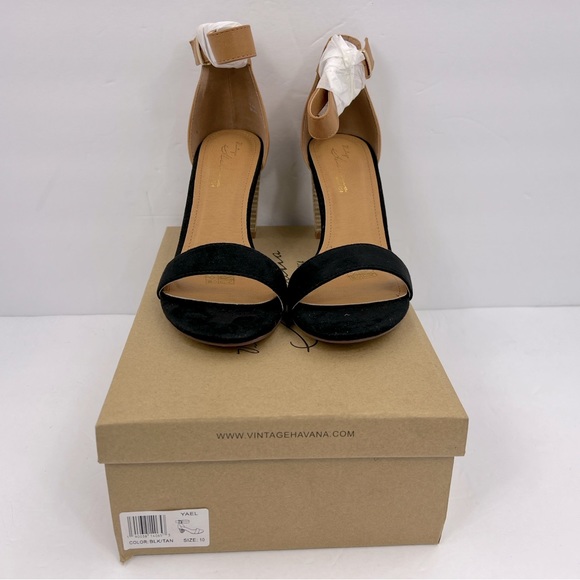 VINTAGE HAVANA, BLACK & TAN OPEN TOE MIDTOP, ADJUSTABLE ANKLE LOOP WITH BUCKLE - Picture 2 of 14